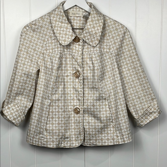 Studio Works Boxy Jacket M Tan White Floral Large Buttons 3/4 Sleeves Retro EUC - Picture 1 of 11